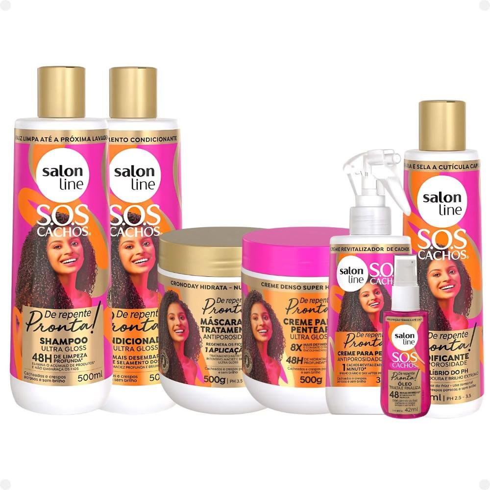 Salon Line Sos Cachos De Repente Pronta!: Shampoo, Condicionador, Máscara, Creme para Pentear, Creme Fluido, Acidificante e Óleo ÚNICO 1