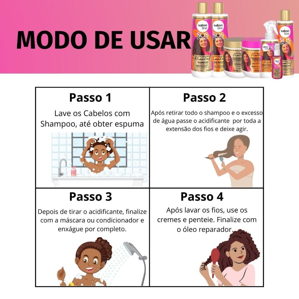 Salon Line Sos Cachos De Repente Pronta!: Shampoo, Condicionador, Máscara, Creme para Pentear, Creme Fluido, Acidificante e Óleo ÚNICO 9