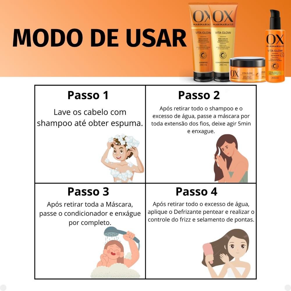 Kit Ox Mari Maria Hair Vita Glow: Shampoo, Condicionador, Máscara e Defrizante ÚNICO 7