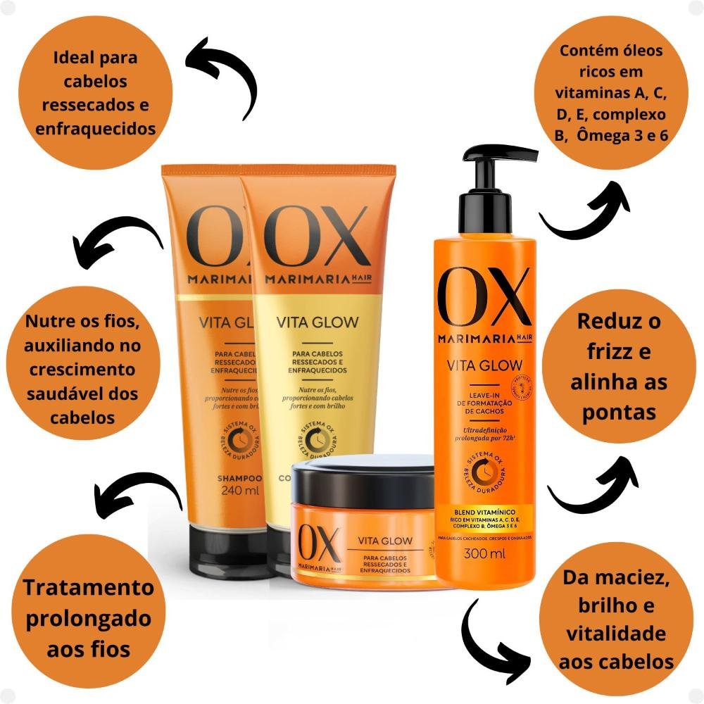 Kit Ox Mari Maria Hair Vita Glow: Shampoo, Condicionador, Máscara e Leave-In ÚNICO 2
