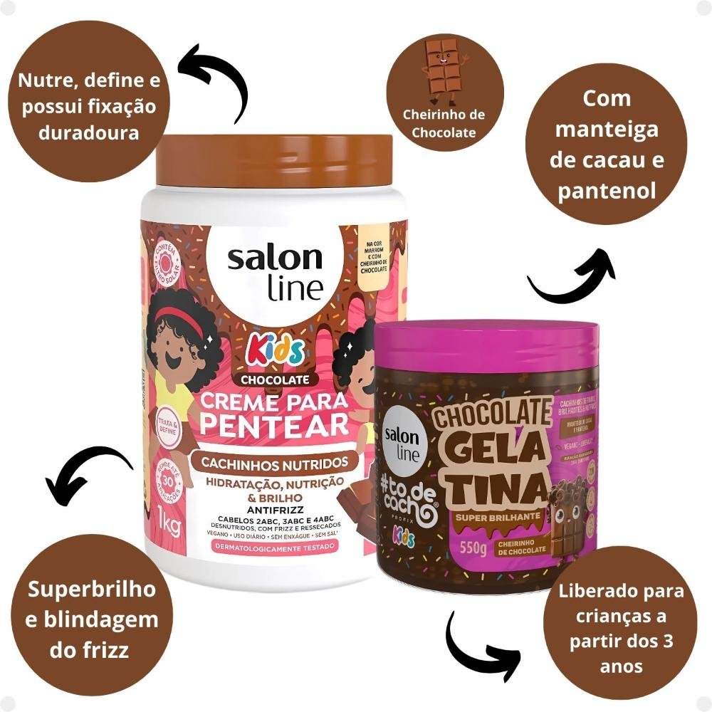 Kit Salon Line Kids: 1 Creme para Pentear e 1 Gelatina Super Brilhante Chocolate ÚNICO 2