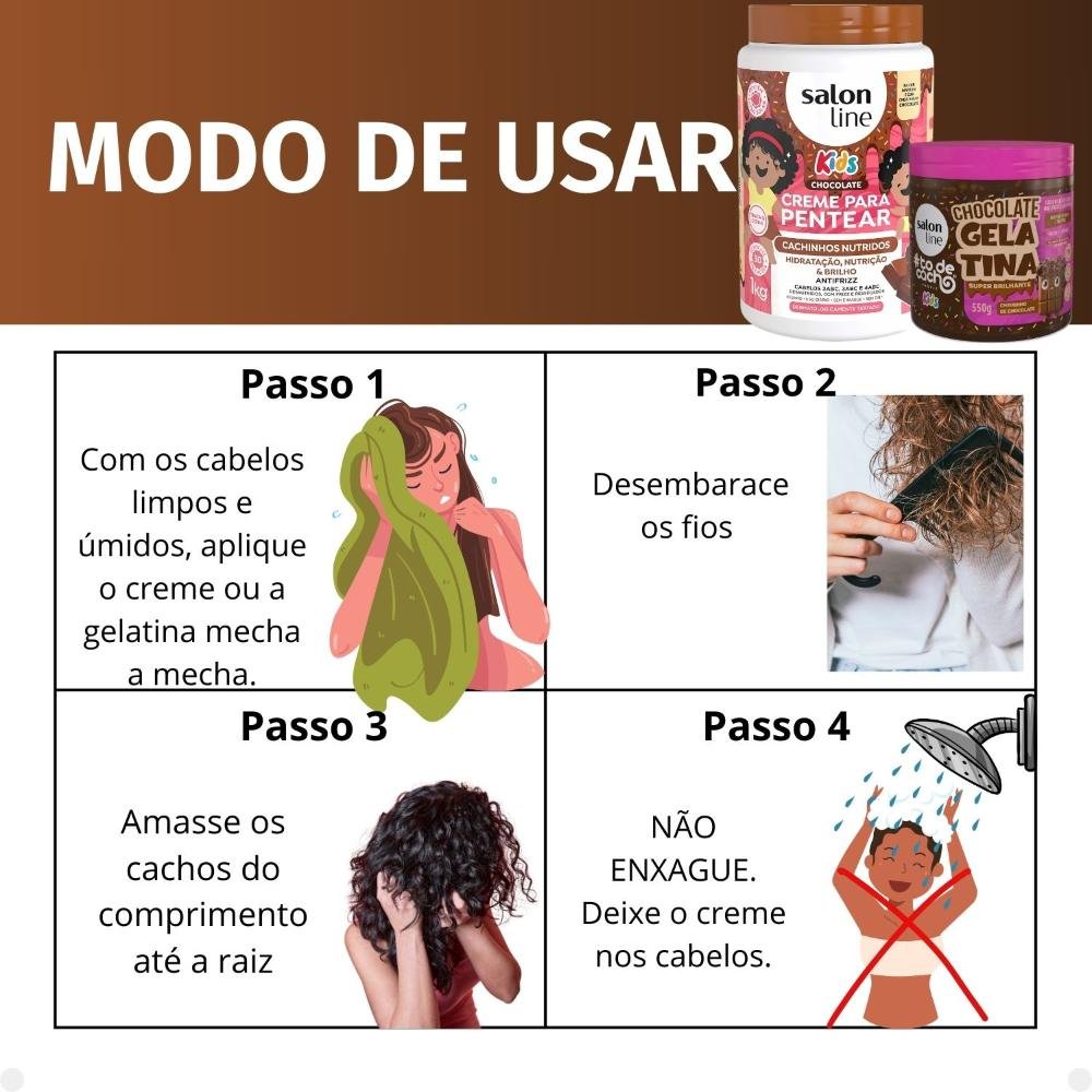 Kit Salon Line Kids: 1 Creme para Pentear e 1 Gelatina Super Brilhante Chocolate ÚNICO 5