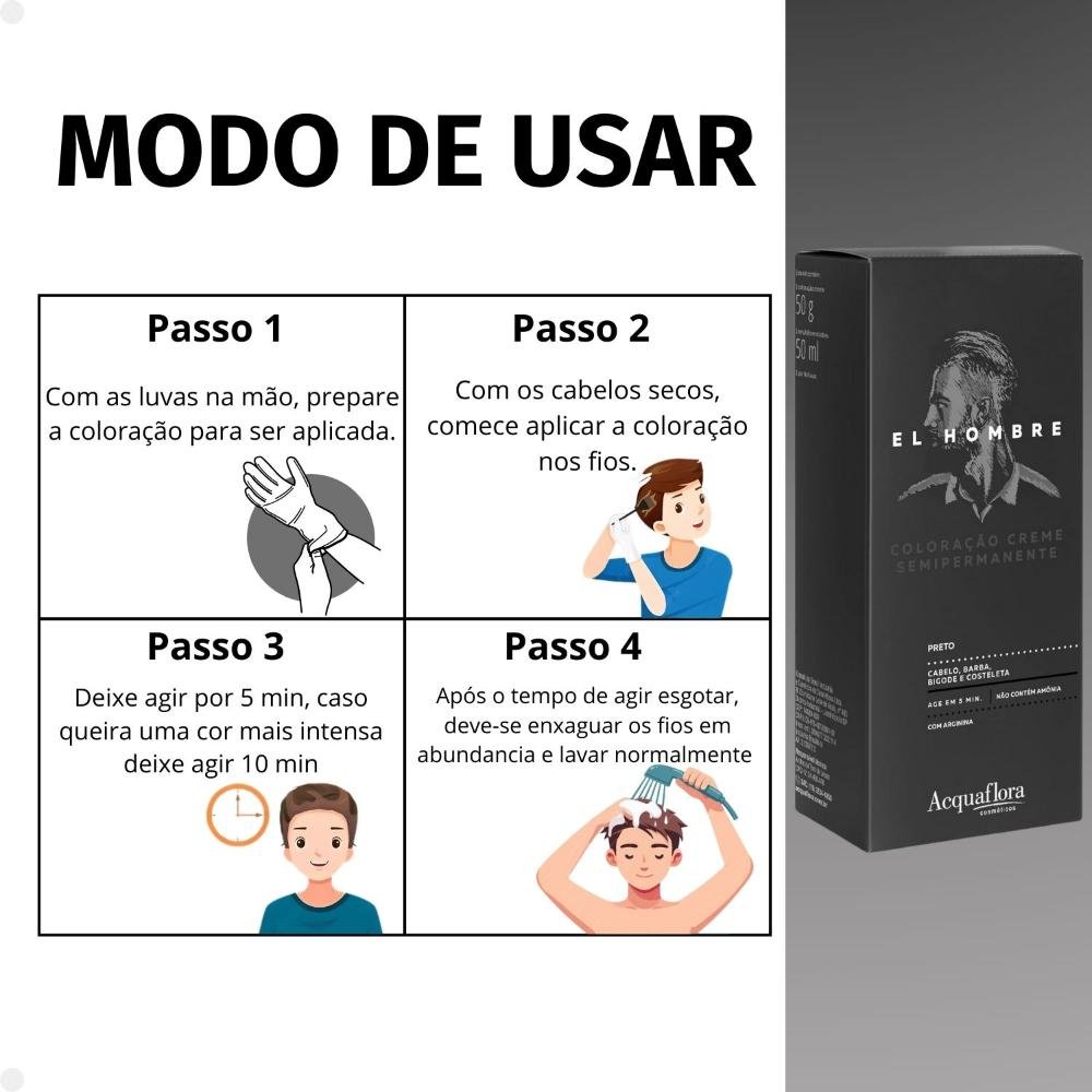 Kit Coloração Creme Semipermanente Acquaflora El Hombre Preto ÚNICO 5