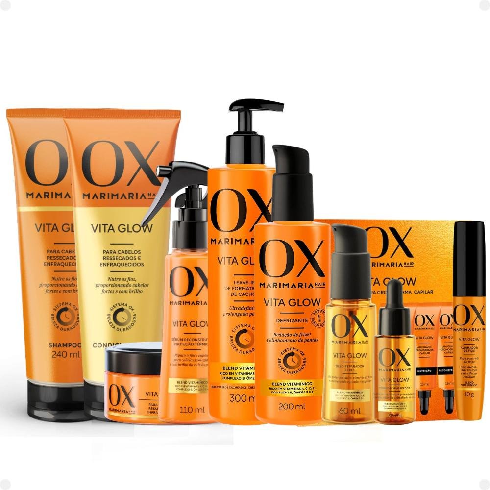 Kit Ox Mari Maria Hair Vita Glow: Shampoo, Condicionador, Máscara, Ampola, Sérum, Leave-In, Defrizante, Óleo, Tônico e Alinhador de Fios ÚNICO 1