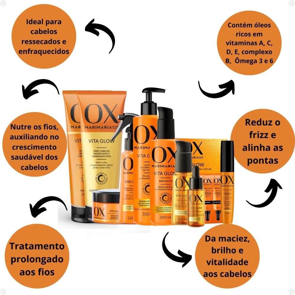 Kit Ox Mari Maria Hair Vita Glow: Shampoo, Condicionador, Máscara, Ampola, Sérum, Leave-In, Defrizante, Óleo, Tônico e Alinhador de Fios ÚNICO 2