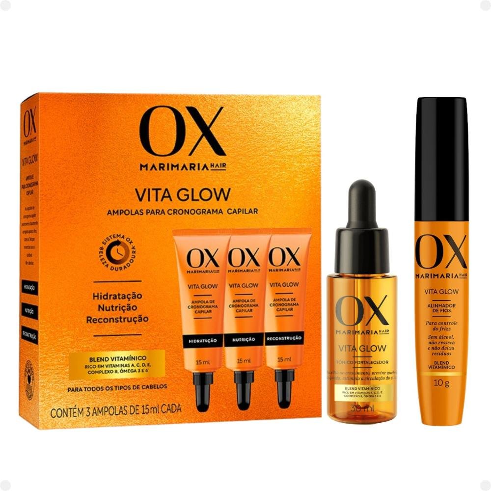 Kit Ox Mari Maria Hair Vita Glow: Shampoo, Condicionador, Máscara, Ampola, Sérum, Leave-In, Defrizante, Óleo, Tônico e Alinhador de Fios ÚNICO 5