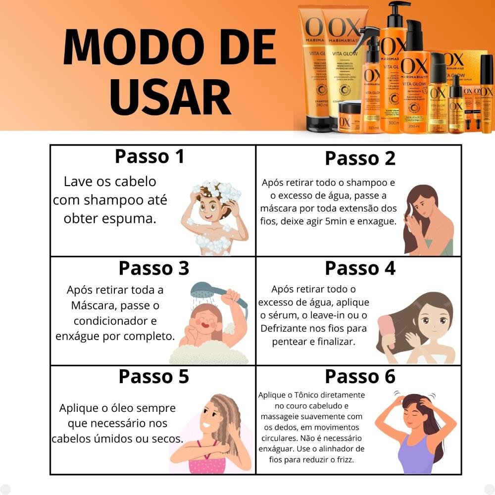 Kit Ox Mari Maria Hair Vita Glow: Shampoo, Condicionador, Máscara, Ampola, Sérum, Leave-In, Defrizante, Óleo, Tônico e Alinhador de Fios ÚNICO 6
