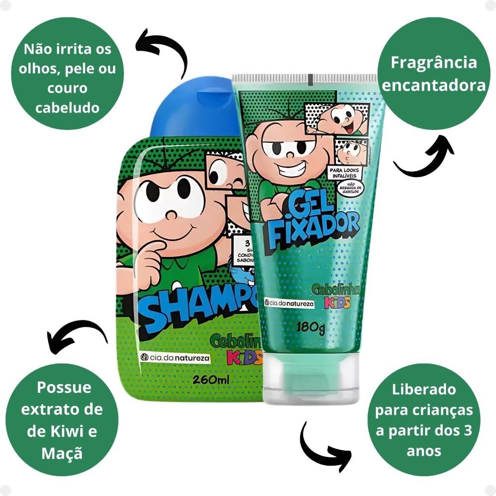 Kit Cia da Natureza Cebolinha Kids: Shampoo 3 em 1 e Gel Fixador ÚNICO 2