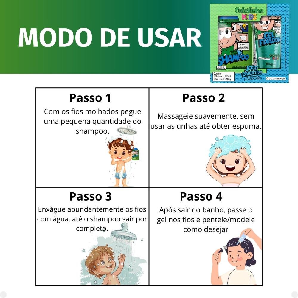 Kit Cia da Natureza Cebolinha Kids: Shampoo 3 em 1 e Gel Fixador ÚNICO 5
