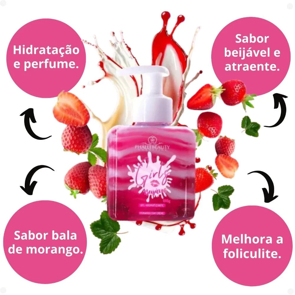 Hidratante Phállebeauty Girls Gel Aromatizante Beijável Para Virilha Morango Com Creme 180g 180g 2