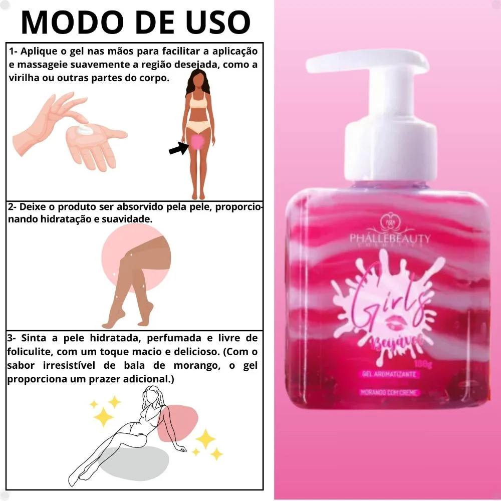 Hidratante Phállebeauty Girls Gel Aromatizante Beijável Para Virilha Morango Com Creme 180g 180g 4