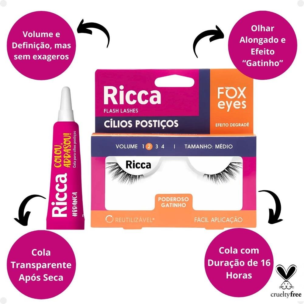 Cílios Postiços + Cola Branca Ricca Belliz Fox Eyes Poderoso Gatinho Vol:2 Médio Cód.2697 ÚNICO 2