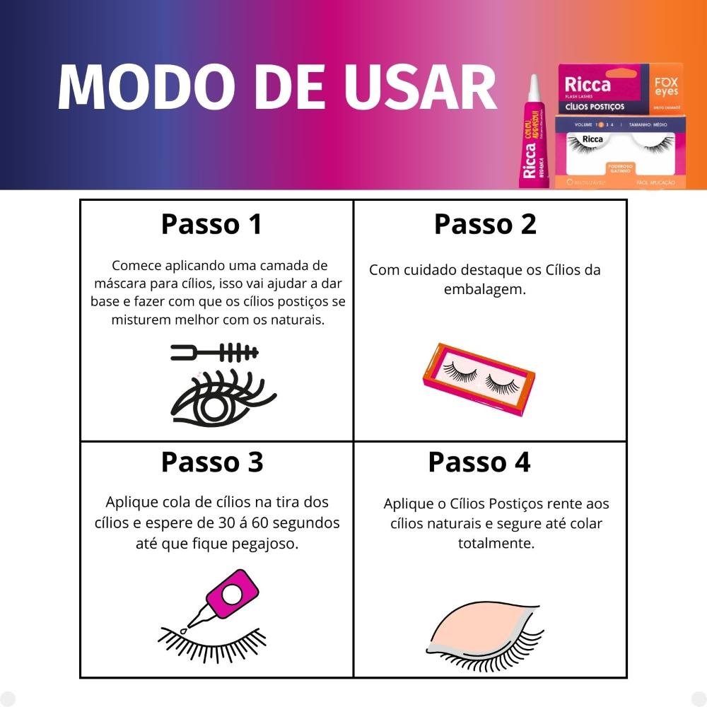 Cílios Postiços + Cola Branca Ricca Belliz Fox Eyes Poderoso Gatinho Vol:2 Médio Cód.2697 ÚNICO 5