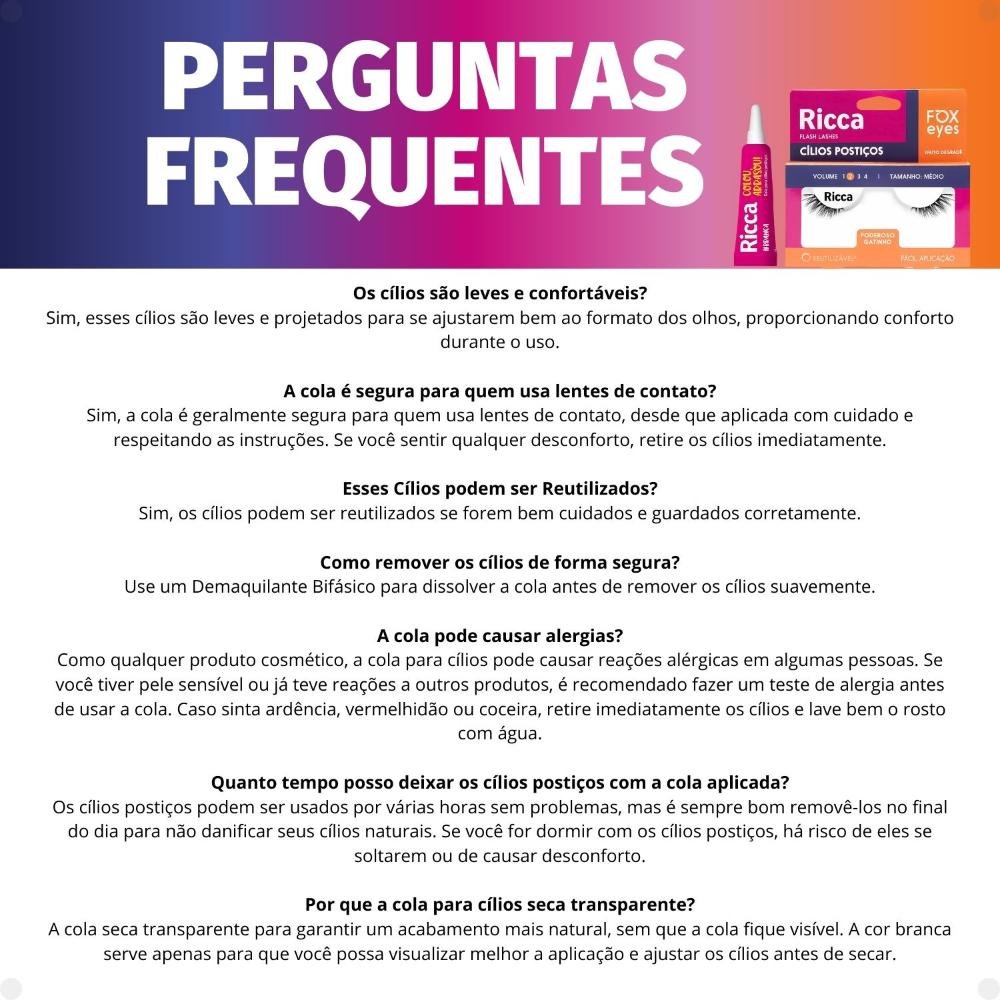 Cílios Postiços + Cola Branca Ricca Belliz Fox Eyes Poderoso Gatinho Vol:2 Médio Cód.2697 ÚNICO 6