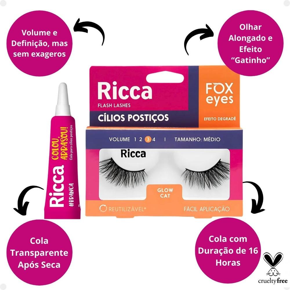 Cílios Postiços + Cola Branca Ricca Belliz Fox Eyes Glow Cat Vol:3 Médio Cód.2694 ÚNICO 2
