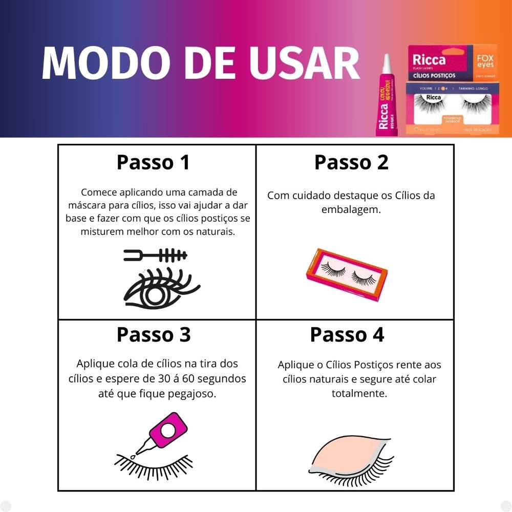 Cílios Postiços + Cola Branca Ricca Belliz Fox Eyes Glow Cat Vol:3 Médio Cód.2694 ÚNICO 5