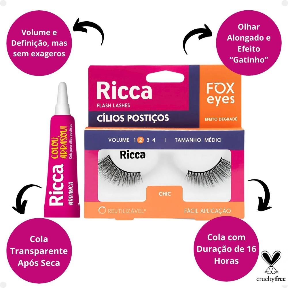 Cílios Postiços + Cola Branca Ricca Belliz Fox Eyes Chic Vol:2 Medio Cód.2692 ÚNICO 2