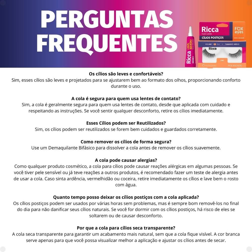 Cílios Postiços + Cola Branca Ricca Belliz Fox Eyes Chic Vol:2 Medio Cód.2692 ÚNICO 6