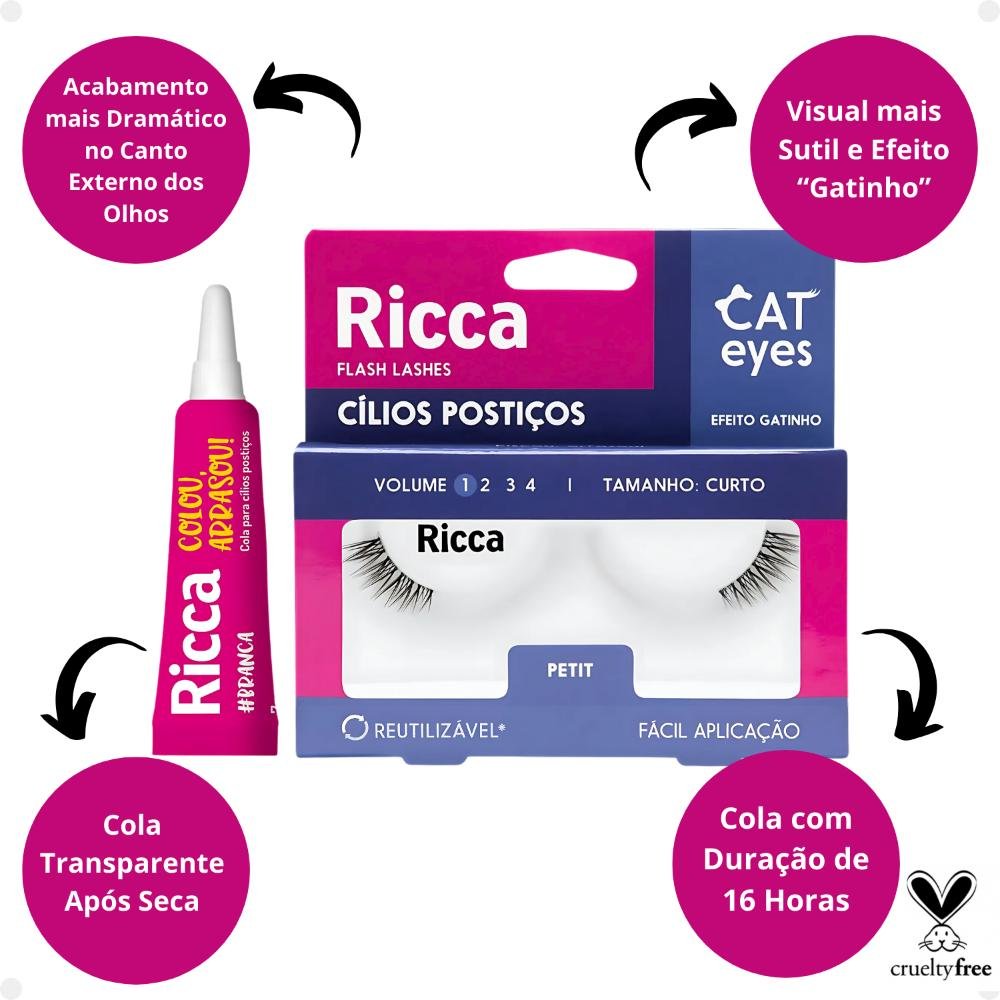 Cílios Postiços + Cola Branca Ricca Belliz Cat Eyes Petit Vol:1 Curto Cód.2698 ÚNICO 2
