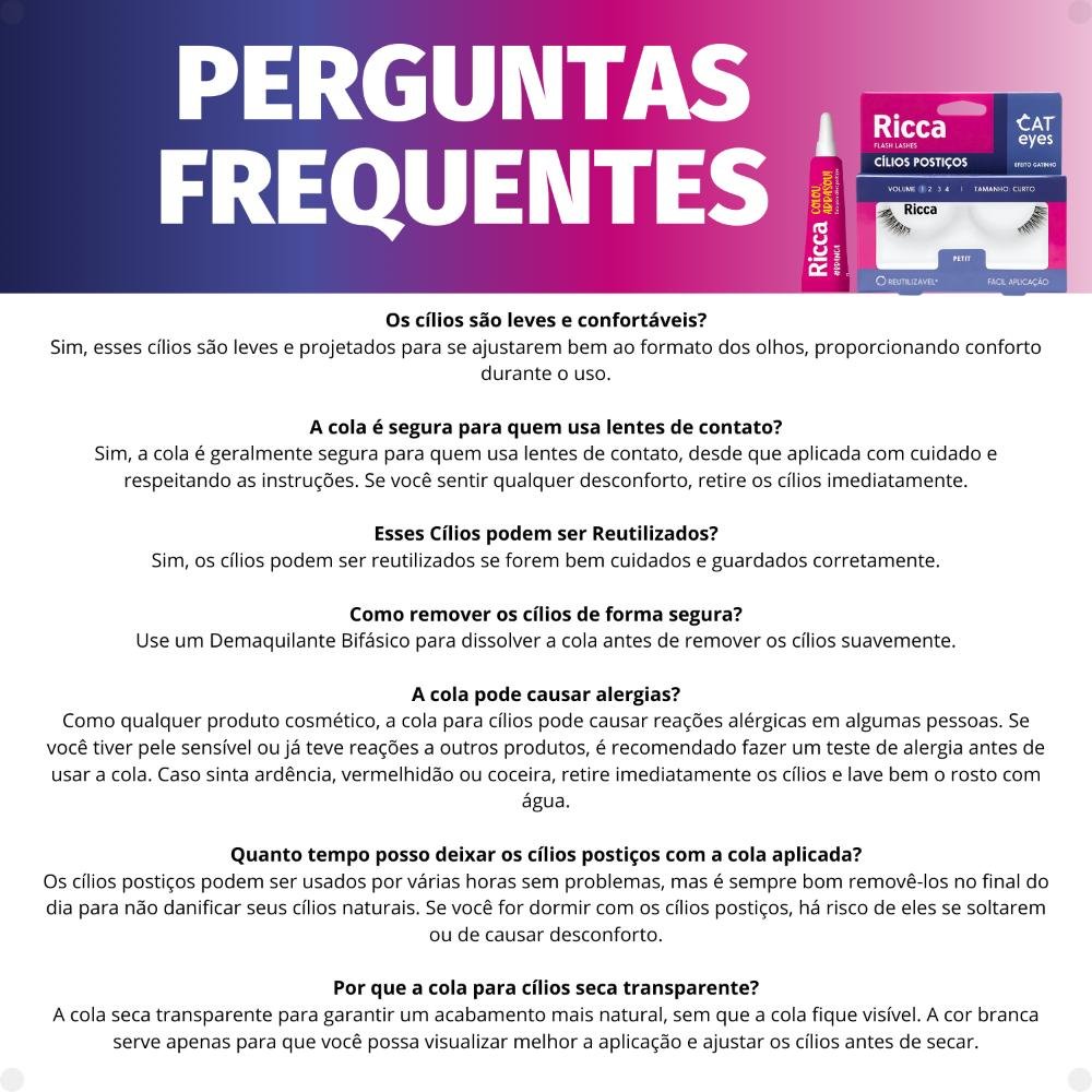 Cílios Postiços + Cola Branca Ricca Belliz Cat Eyes Petit Vol:1 Curto Cód.2698 ÚNICO 6