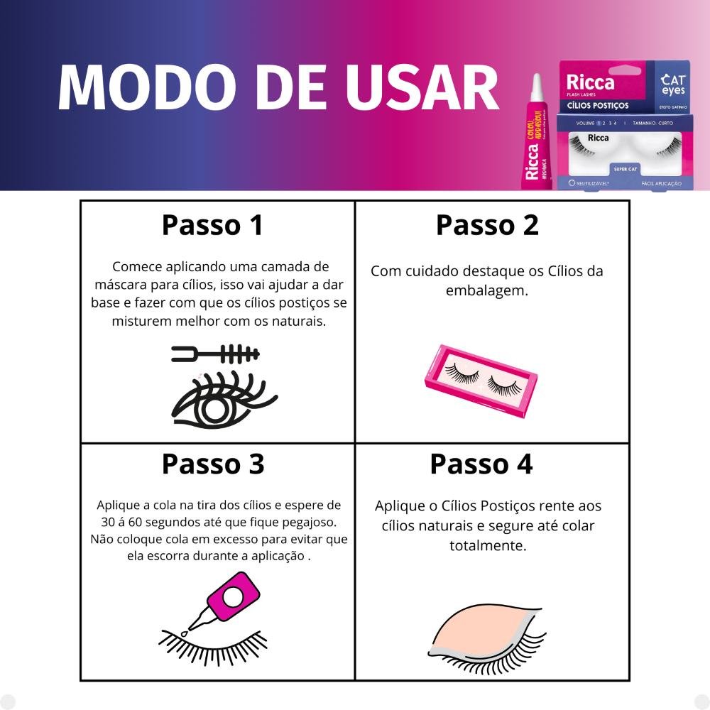Cílios Postiços + Cola Branca Ricca Belliz Cat Eyes Super Cat Vol:1 Curto Cód.2705 ÚNICO 5