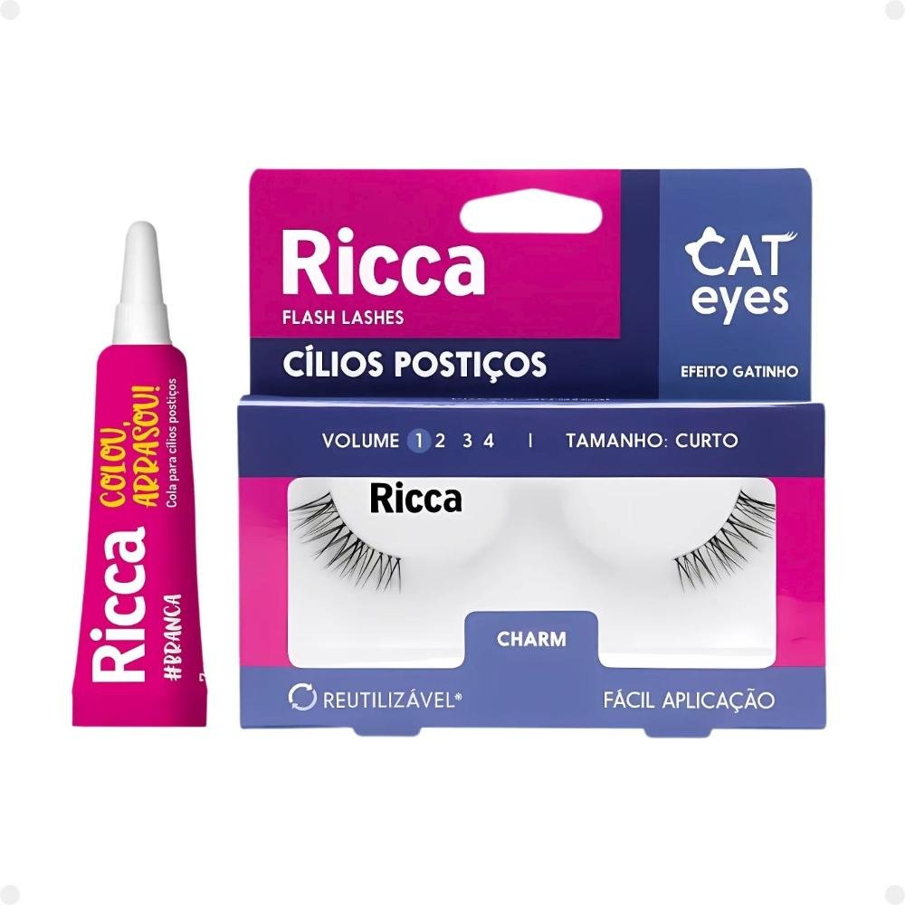 Cílios Postiços + Cola Branca Ricca Belliz Cat Eyes Charm Vol:1 Curto Cód.2699 ÚNICO 1