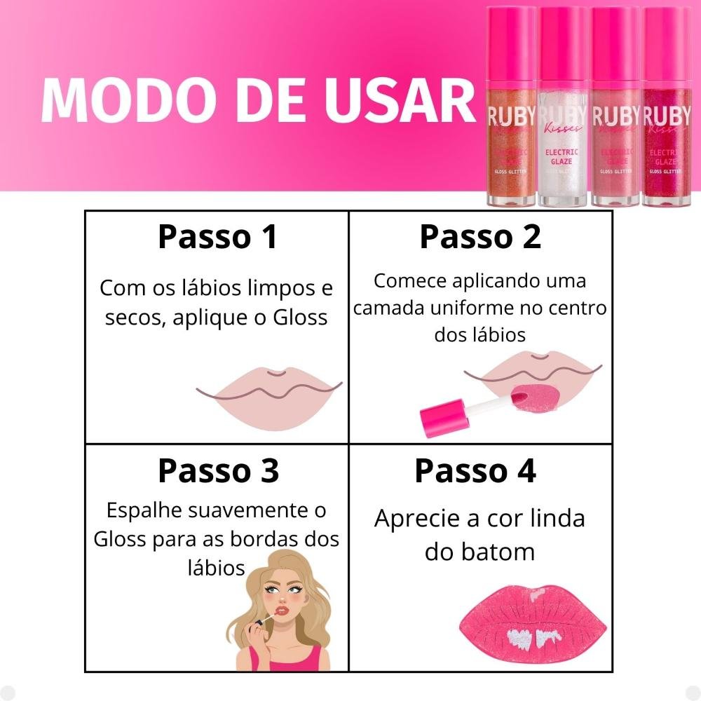 Kit Ruby Kisses Electric Glaze Gloss Glitter: Blush Gold, Holo Sky, Unicorn e Fuchsia Multicores 7