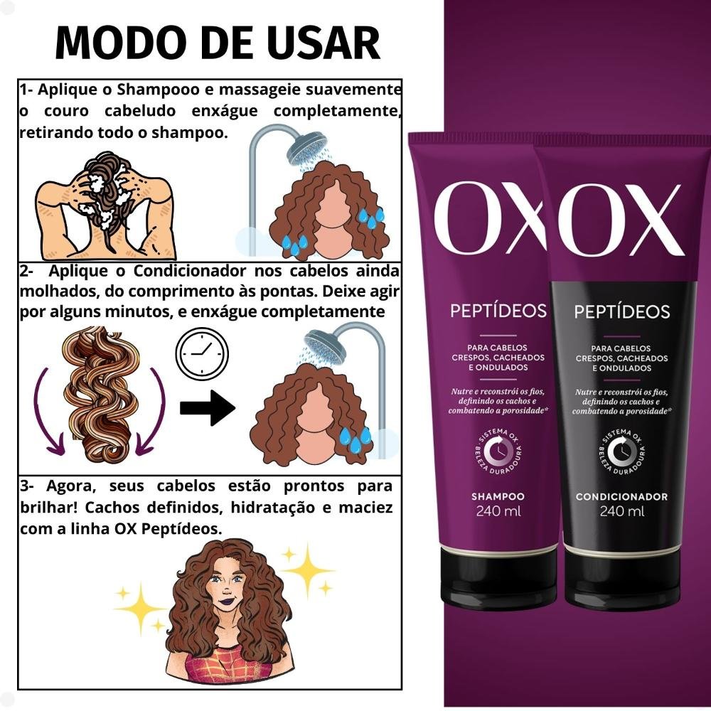 Kit OX Peptídeos Cabelos Crespos, Cacheados e Ondulados: Shampoo e Condicionador 240ml ÚNICO 3