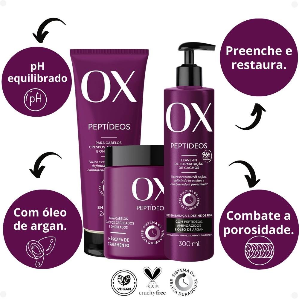 Kit OX Peptídeos Cabelos Crespos, Cacheados e Ondulados: Shampoo 240ml, Máscara de Tratamento 500g e Leave-In 300g   ÚNICO 2