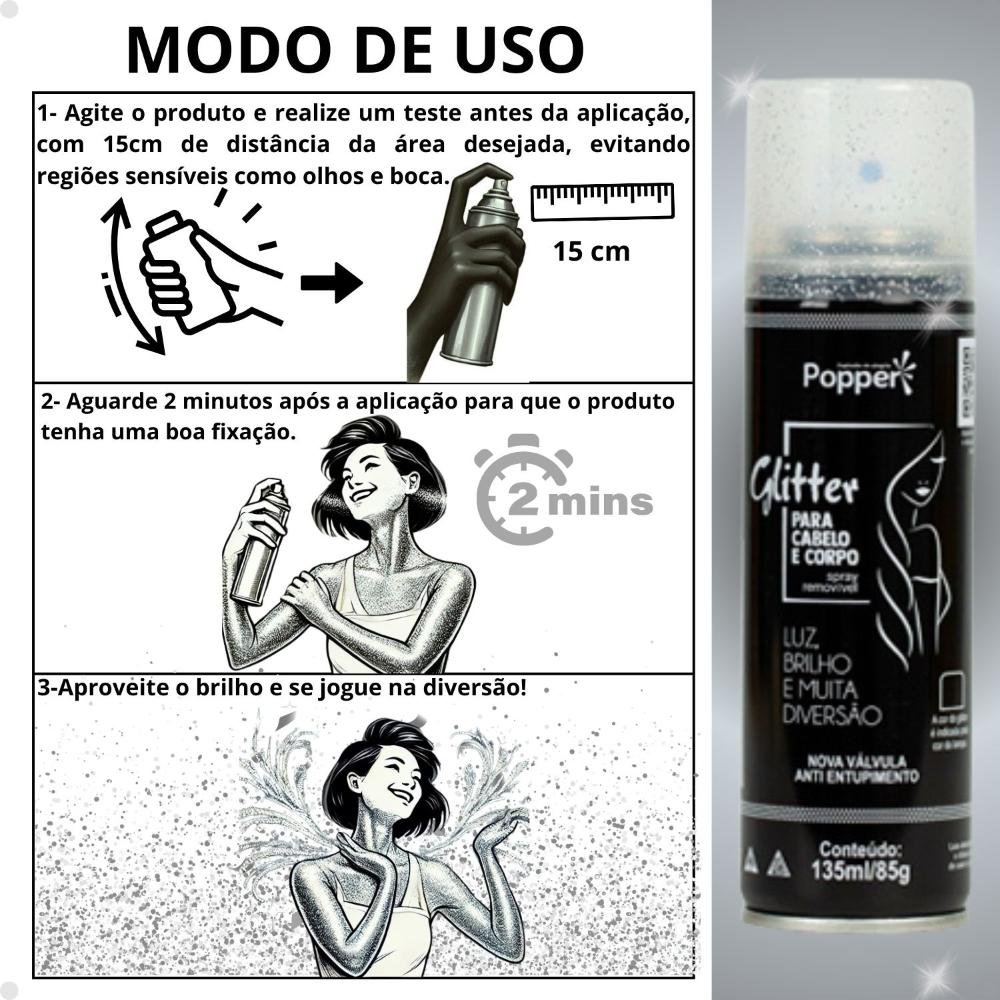 Glitter Popper Para Cabelo e Corpo Prata 150ml 150ml 7
