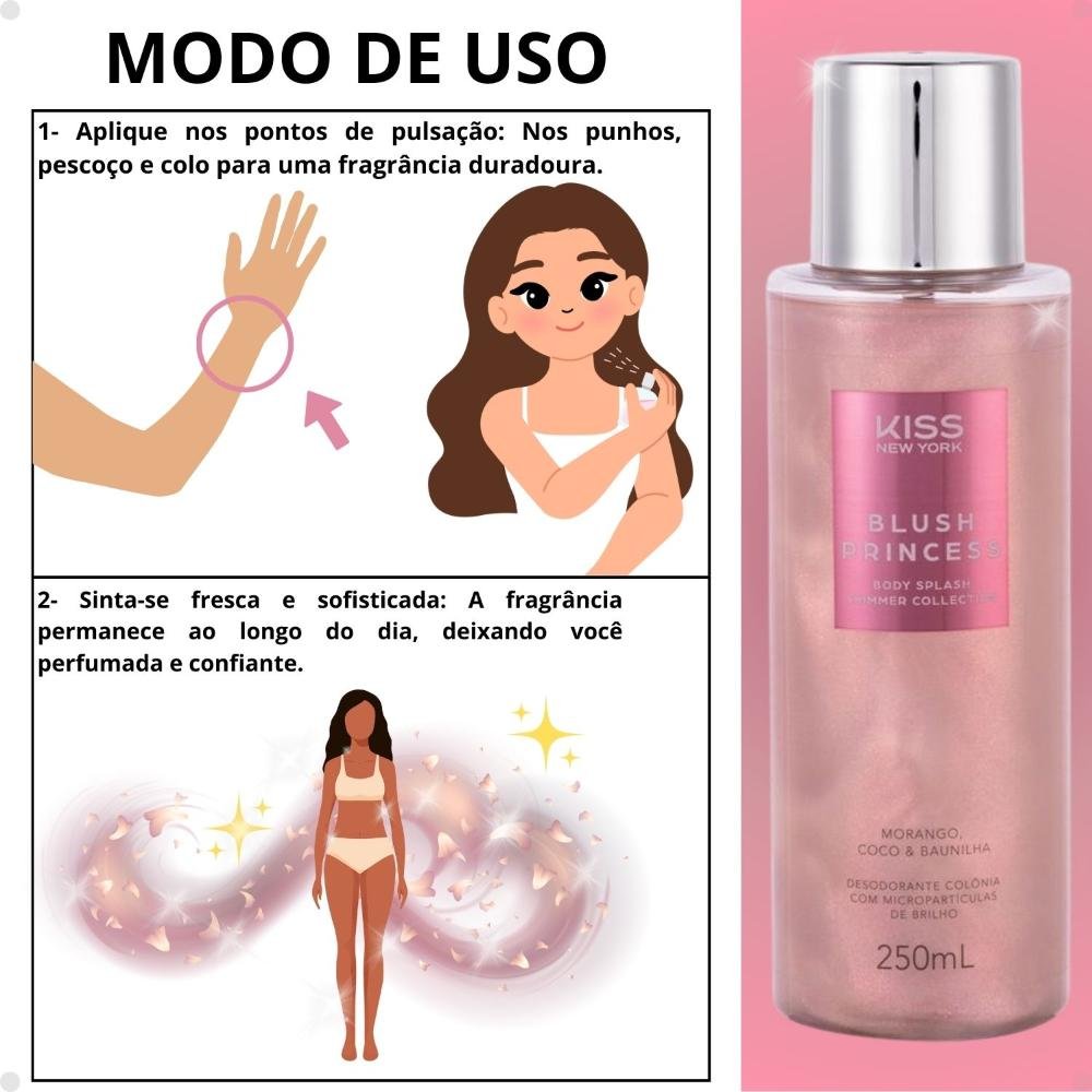 Body Splash Kiss New York Shimmer Collection Blush Princess Morango, Coco e Baunilha 250ml 250ml 5