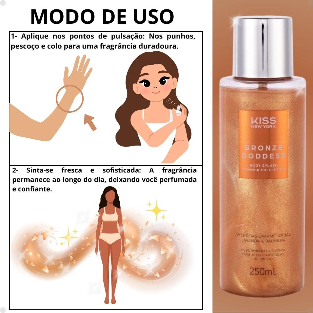 Body Splash Kiss New York Shimmer Collection Bronze Goddess Amêndoas Caramelizadas, Lavanda e Baunilha 250ml 250ml 5
