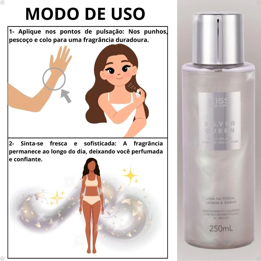 Body Splash Kiss New York Shimmer Collection Silver Queen Lima da Pérsia, Jasmim e Ambar 250ml 250ml 5