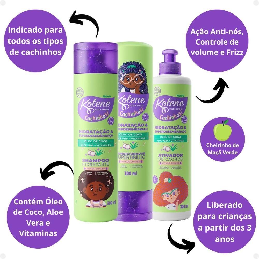 Kit Kolene Cachinhos: Shampoo, Condicionador e Ativador de Cachos 300ml ÚNICO 2