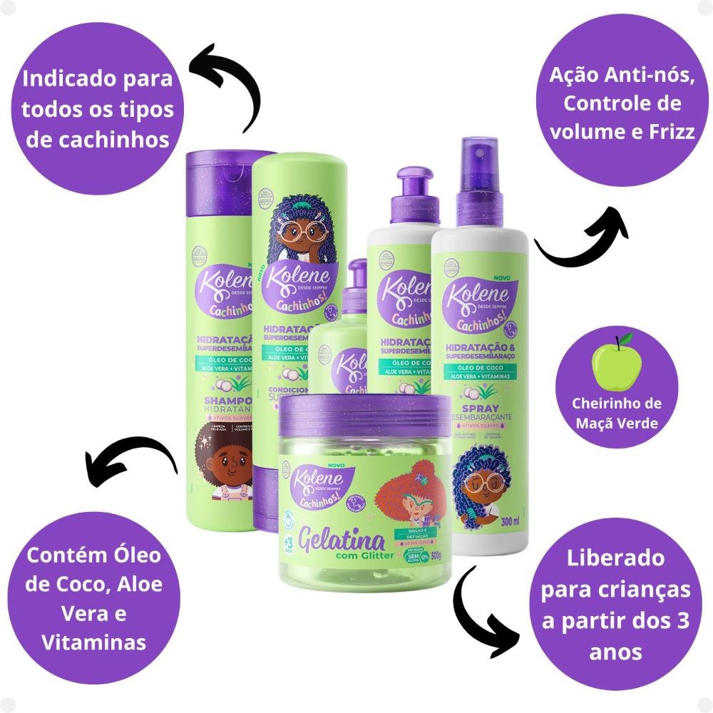 Kit Kolene Cachinhos: Shampoo, Condicionador, Creme para Pentear, Ativador de Cachos, Spray Desembaraçante e Gelatina ÚNICO 2
