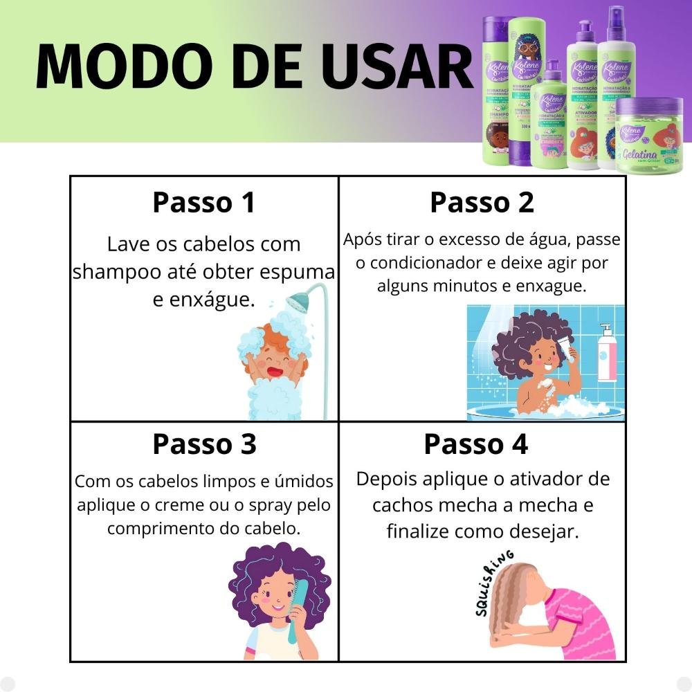 Kit Kolene Cachinhos: Shampoo, Condicionador, Creme para Pentear, Ativador de Cachos, Spray Desembaraçante e Gelatina ÚNICO 9