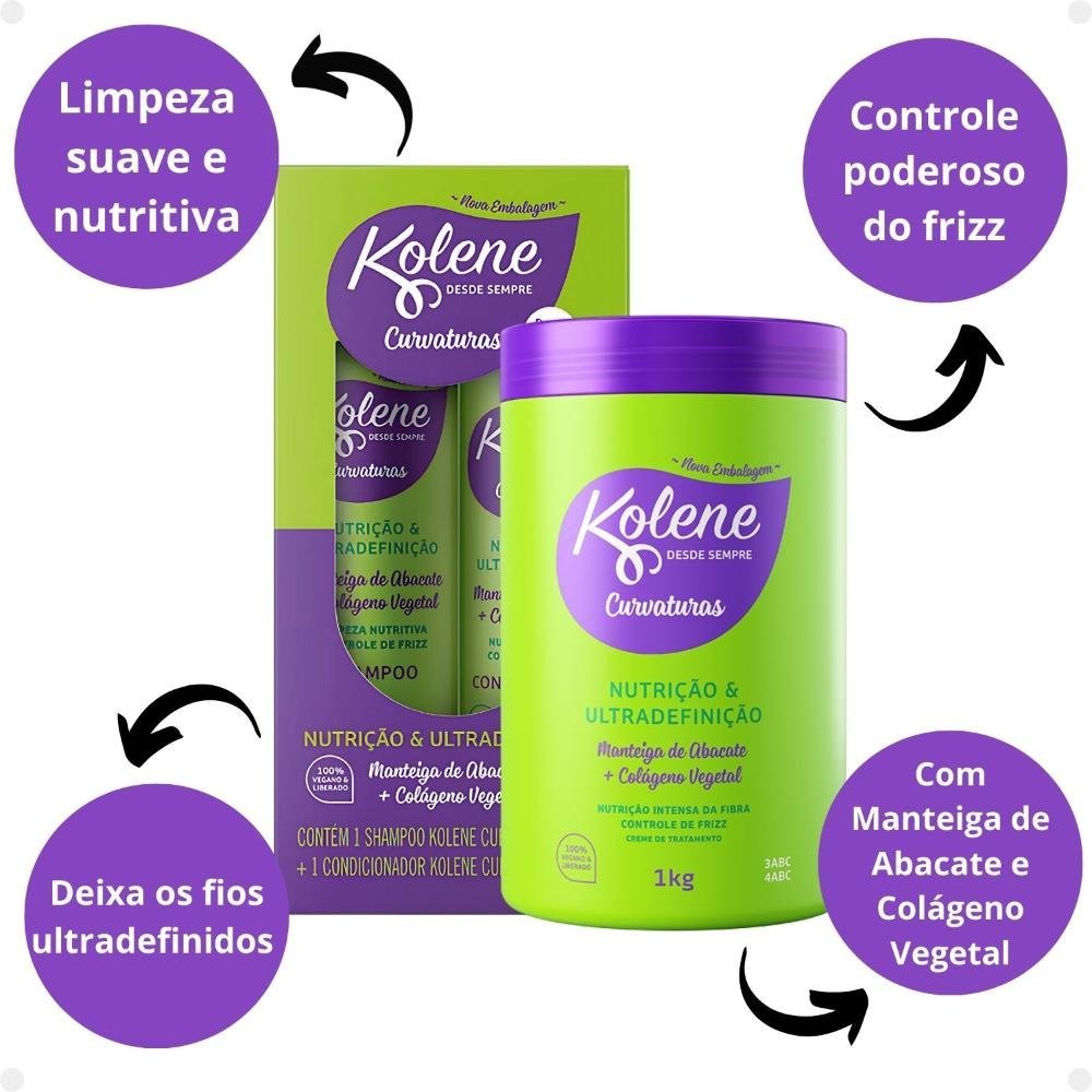 Kit Kolene Curvaturas Nutrição e Ultradefinição: Shampoo 300ml e Condicionador 200ml + Creme de Tratamento 1Kg ÚNICO 2