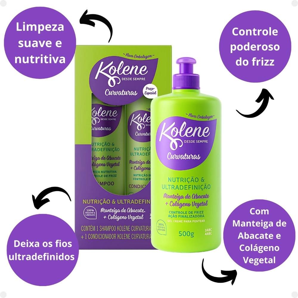Kit Kolene Curvaturas Nutrição e Ultradefinição: Shampoo 300ml e Condicionador 200ml + Gel Creme para Pentear 500g ÚNICO 2