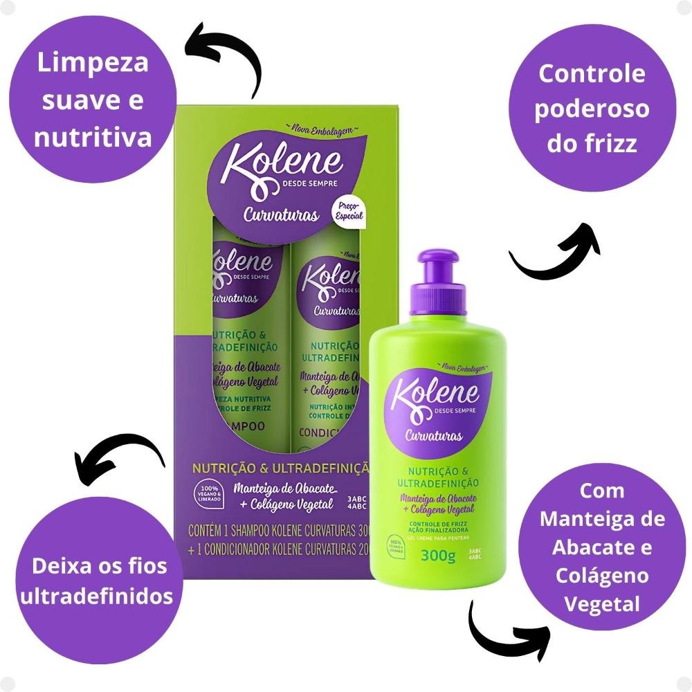 Kit Kolene Curvaturas Nutrição e Ultradefinição: Shampoo 300ml e Condicionador 200ml + Gel Creme para Pentear 300g ÚNICO 2