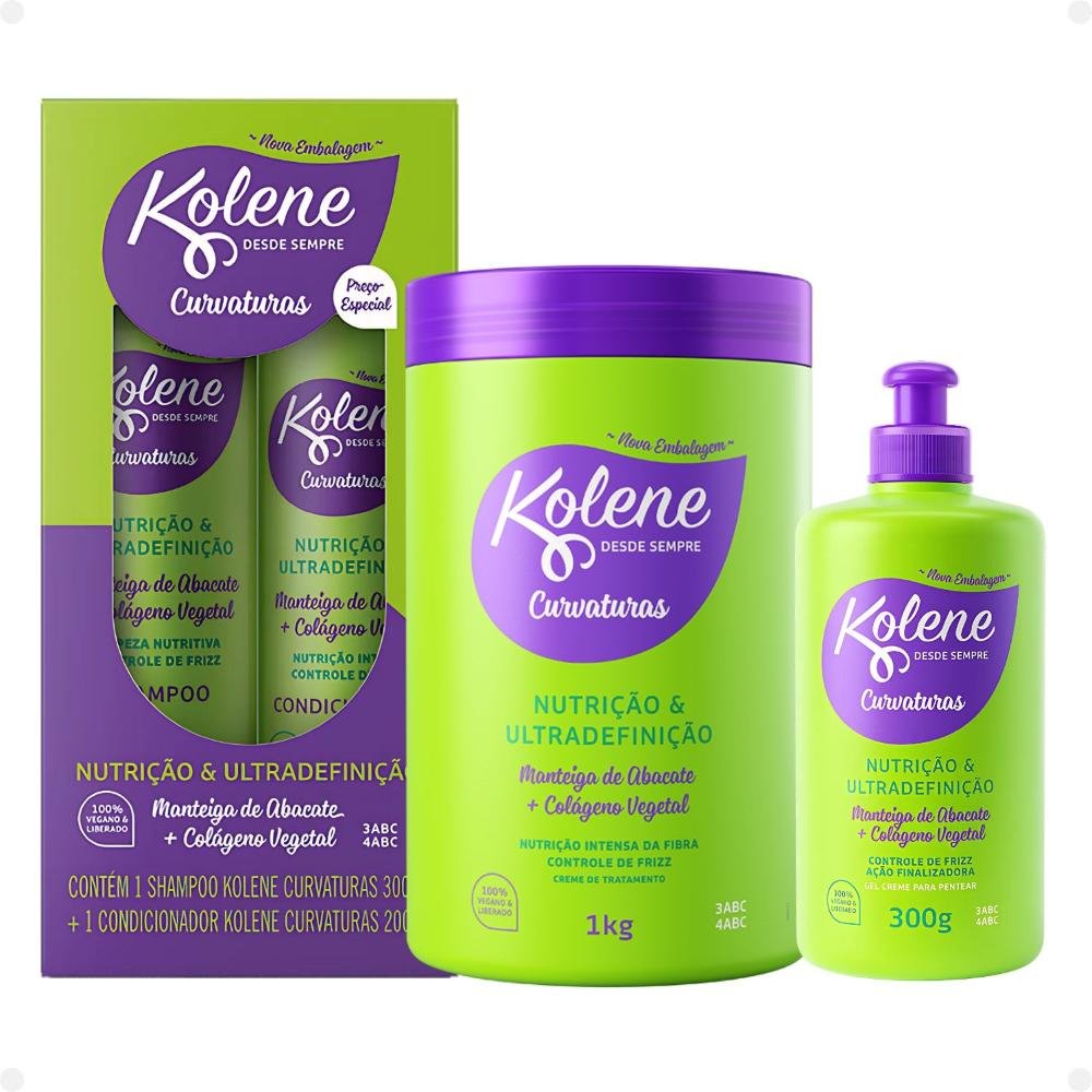 Kit Kolene Curvaturas Nutrição e Ultradefinição: Shampoo 300ml e Condicionador 200ml + Creme de Tratamento e Gel Creme 300g ÚNICO 1