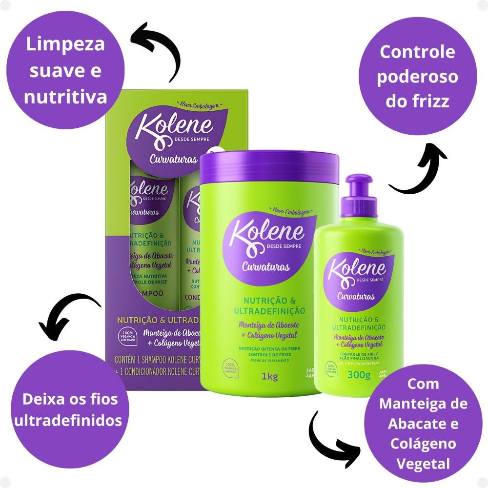 Kit Kolene Curvaturas Nutrição e Ultradefinição: Shampoo 300ml e Condicionador 200ml + Creme de Tratamento e Gel Creme 300g ÚNICO 2