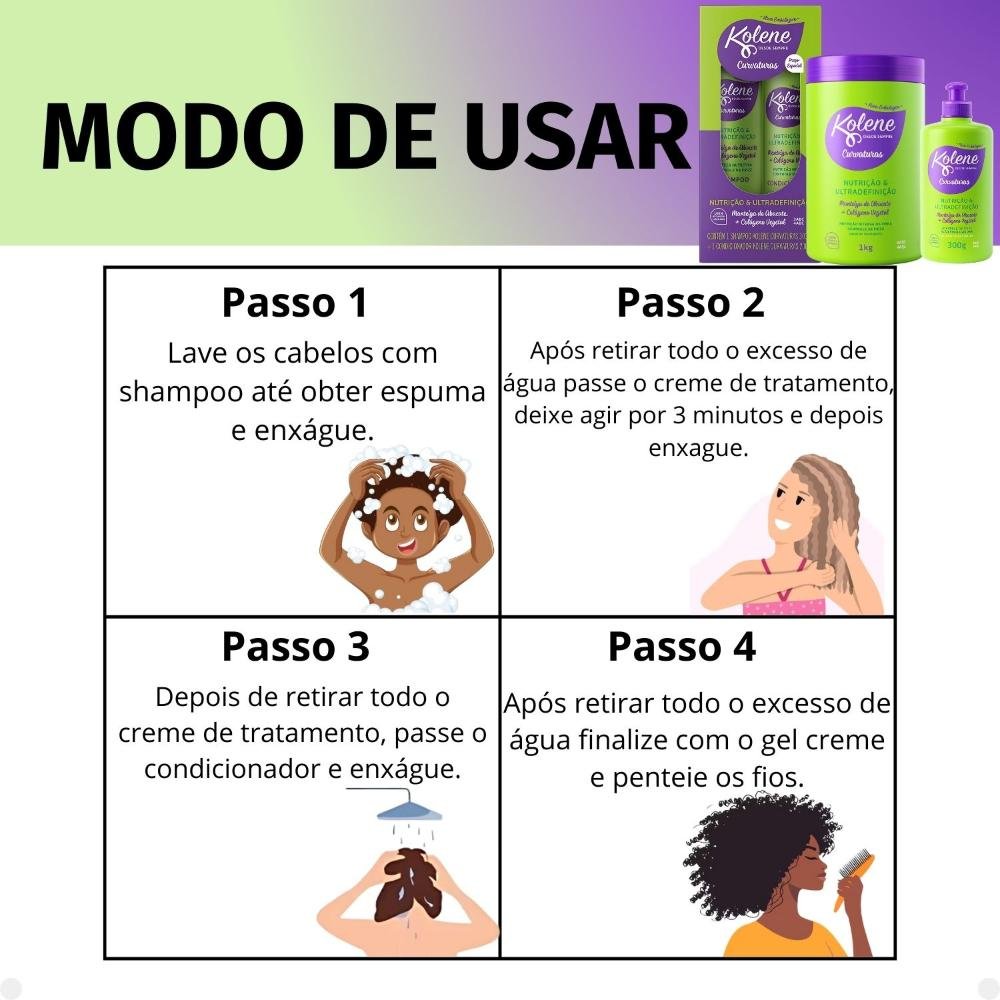 Kit Kolene Curvaturas Nutrição e Ultradefinição: Shampoo 300ml e Condicionador 200ml + Creme de Tratamento e Gel Creme 300g ÚNICO 6