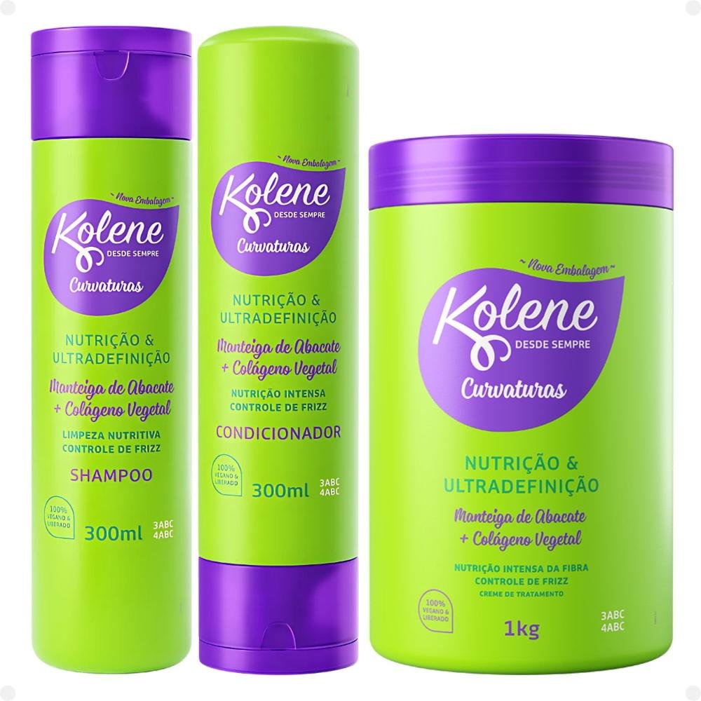Kit Kolene Curvaturas Nutrição e Ultradefinição: Shampoo, Condicionador 300ml e Creme de Tratamento ÚNICO 1