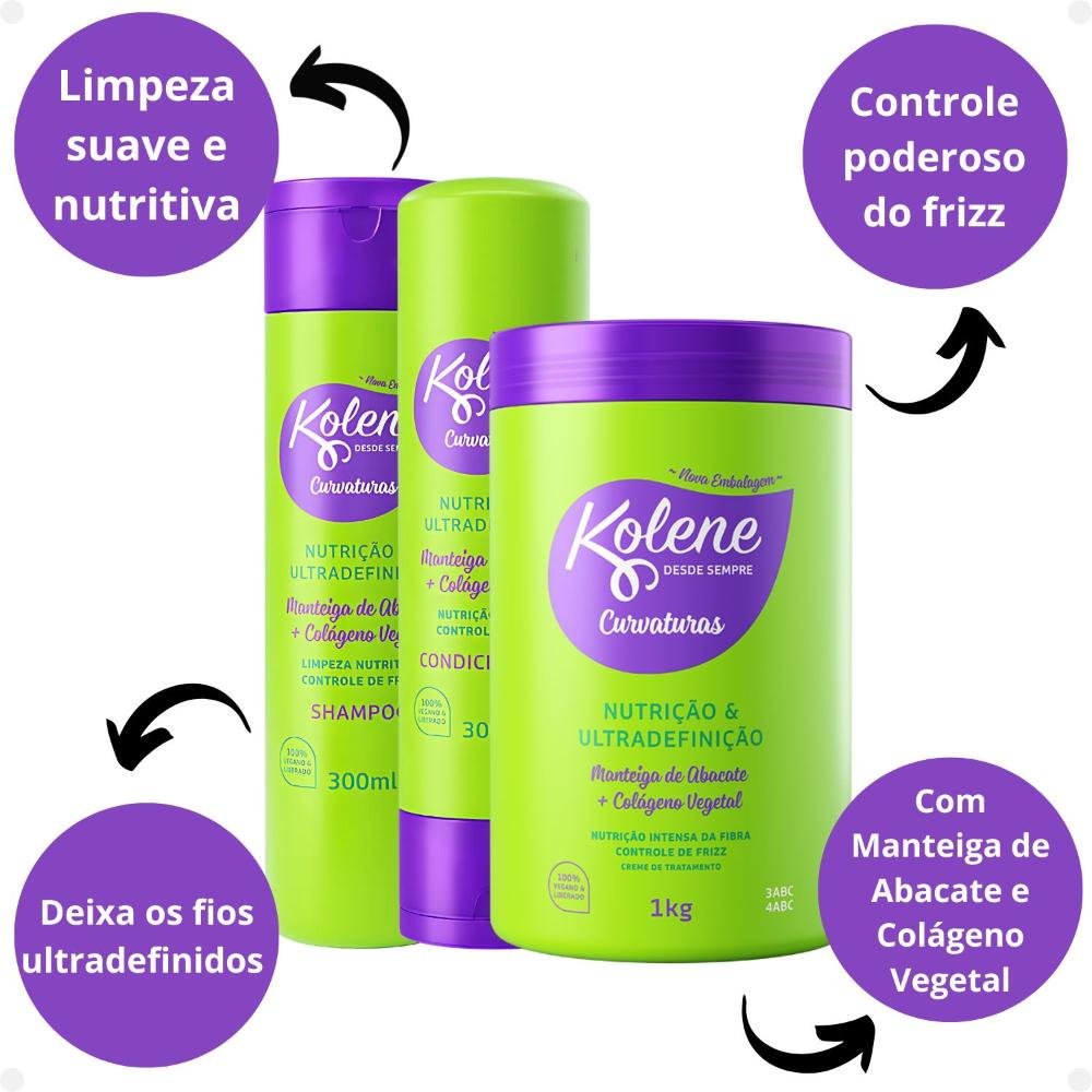 Kit Kolene Curvaturas Nutrição e Ultradefinição: Shampoo, Condicionador 300ml e Creme de Tratamento ÚNICO 2