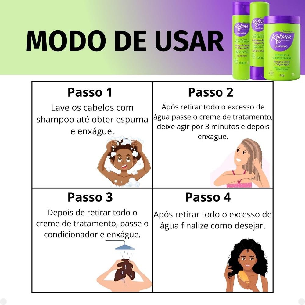 Kit Kolene Curvaturas Nutrição e Ultradefinição: Shampoo, Condicionador 300ml e Creme de Tratamento ÚNICO 6