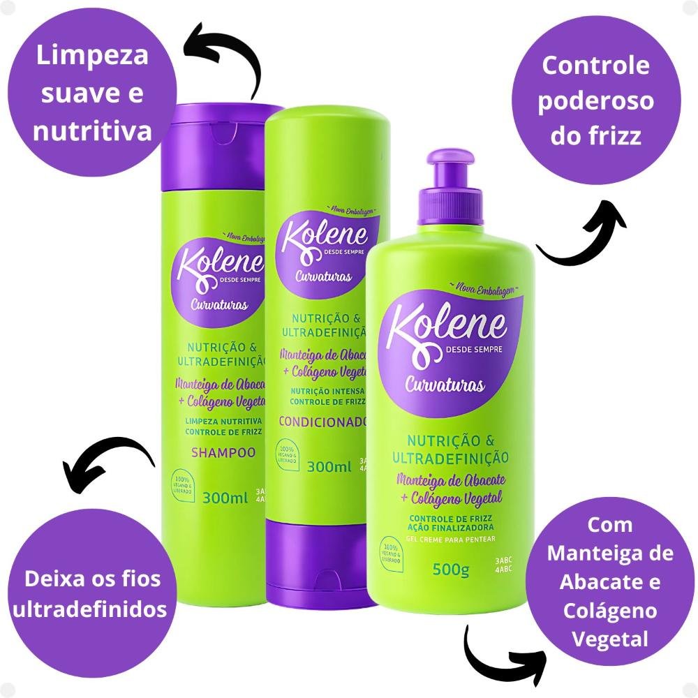 Kit Kolene Curvaturas Nutrição e Ultradefinição: Shampoo, Condicionador 300ml e Gel Creme 500g ÚNICO 2