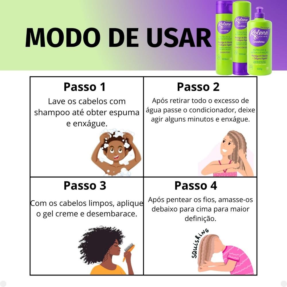 Kit Kolene Curvaturas Nutrição e Ultradefinição: Shampoo, Condicionador 300ml e Gel Creme 500g ÚNICO 6