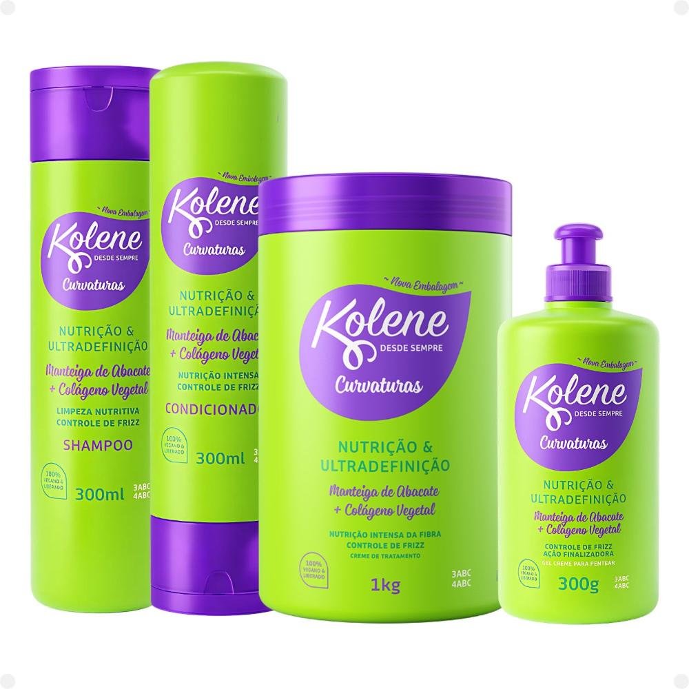 Kit Kolene Curvaturas Nutrição e Ultradefinição: Shampoo, Condicionador 300ml, Creme de Tratamento e Gel Creme 300g ÚNICO 1