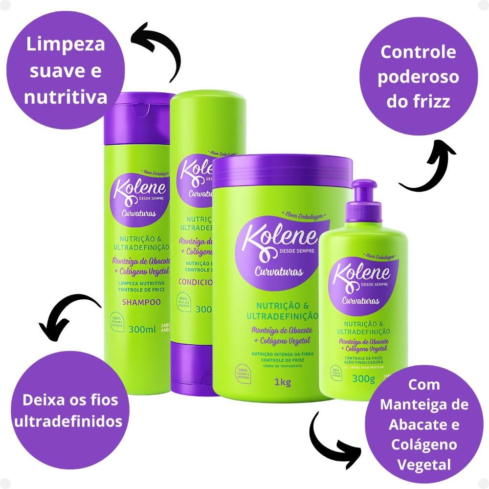 Kit Kolene Curvaturas Nutrição e Ultradefinição: Shampoo, Condicionador 300ml, Creme de Tratamento e Gel Creme 300g ÚNICO 2