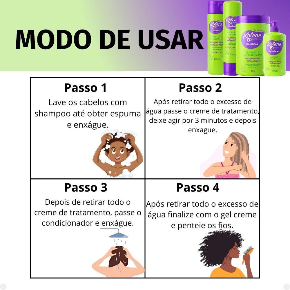 Kit Kolene Curvaturas Nutrição e Ultradefinição: Shampoo, Condicionador 300ml, Creme de Tratamento e Gel Creme 300g ÚNICO 7